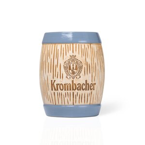 Krombacher Keramik Besteckfass zum Platzierung von Besteck auf dem Tisch. Krombacher Besteckfass in Fassform aus Keramik mit grauem Rand und Krombacher-Logo.