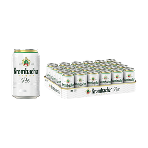 Krombacher Pils 24 x 0,33l Dose Krombacher Pils 0,33l Dose von beiden Seiten, vorder- und Rückseite sichtbar. Daneben ein 24er Tray.