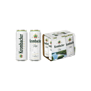 Krombacher Pils Sixpack 0,5l Dosenbier. Krombacher Pils Bier in 0,5-Liter-Dosen und eine 6er-Packung mit weißem Etikett und grünem Logo.